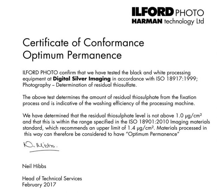 Optimum Permanence Certificate of Conformance - DSI Digital Silver Print©