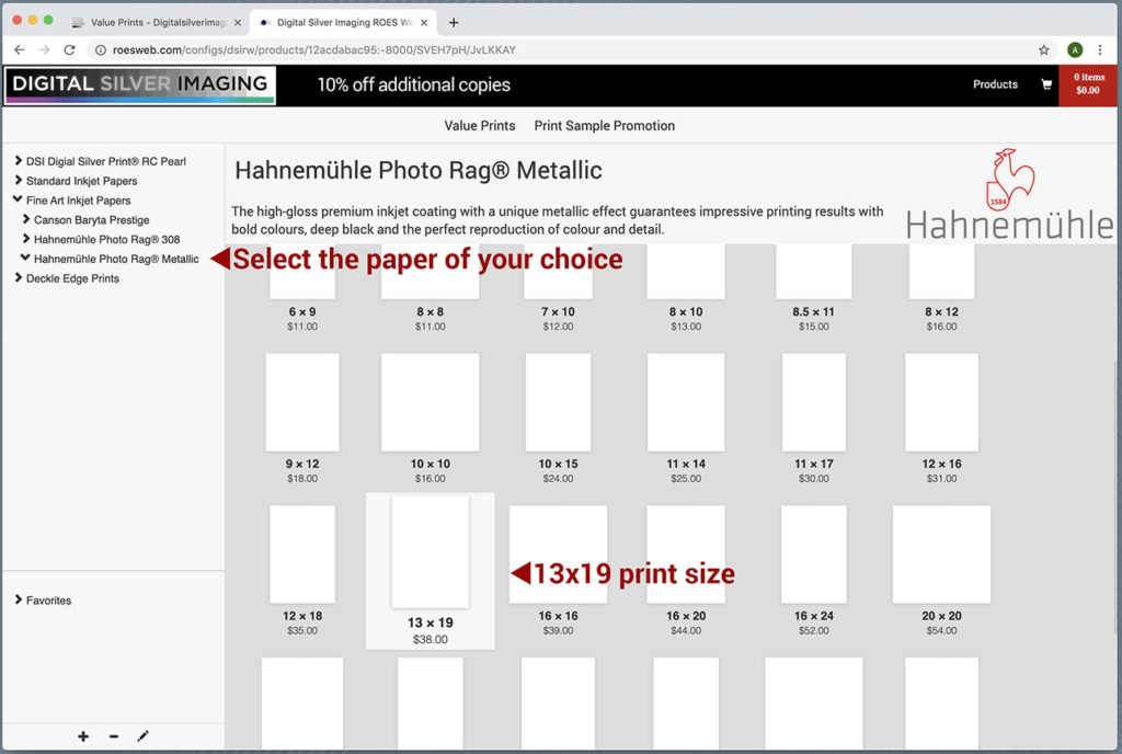 Step 1 – Select your paper and the 13x19 print size
