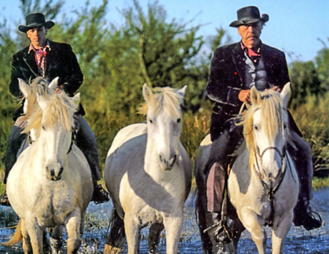 Three riders on white horses from France