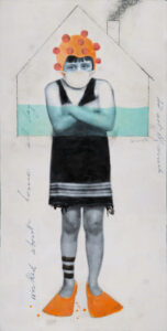 Encaustic painting by Jennifer Goldfinger - girl in bathing suit and swim fins arms crossed
