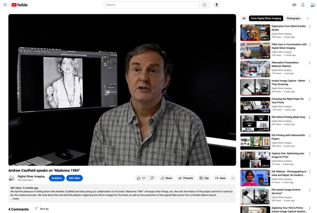 screen capture of andy caufield discussing his madonna photo from 1984